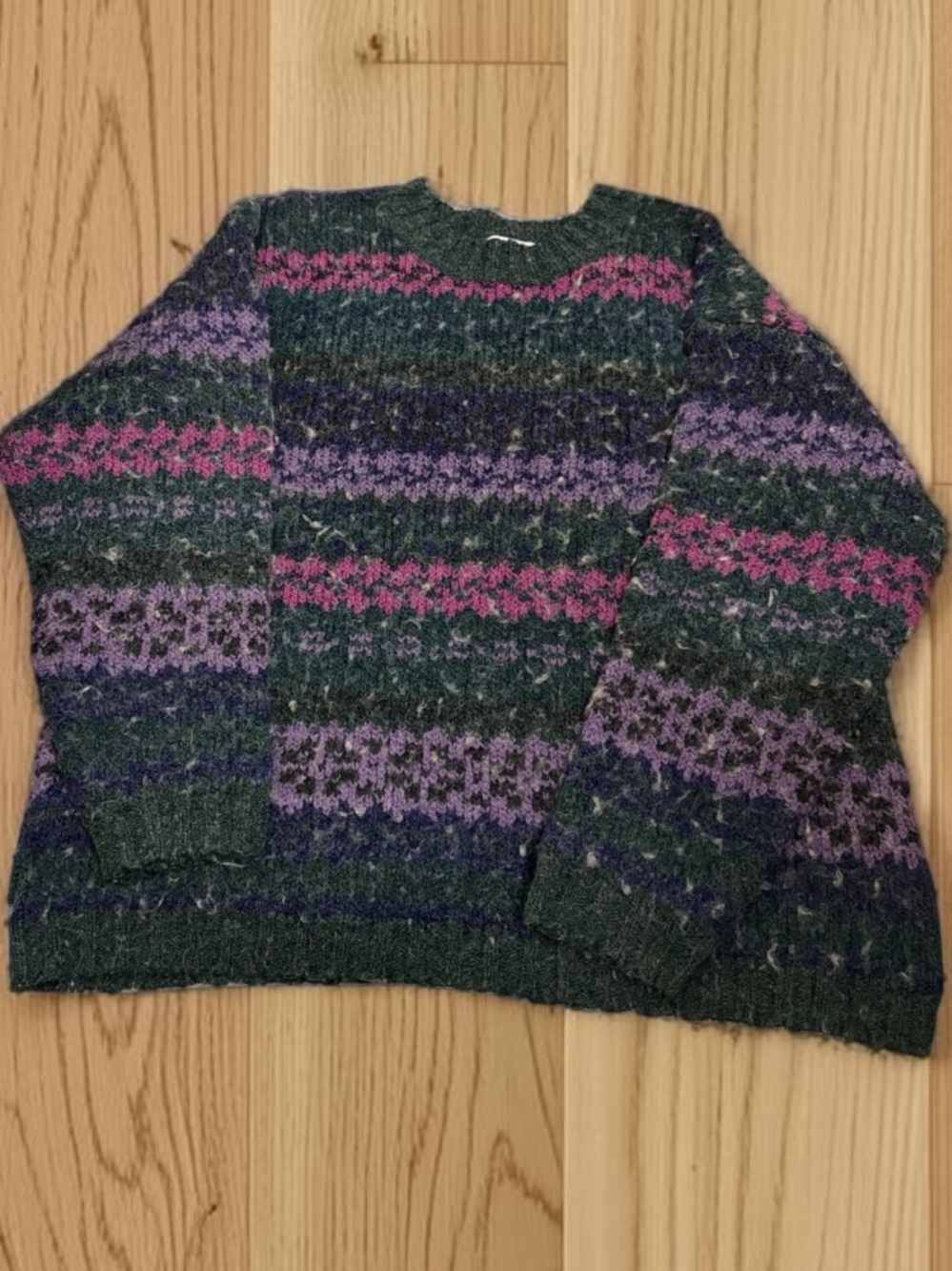 VINTAGE NY Jeans XL Fair Isle Wool Blend Sweater 90s Green Purple Grandpa Knit